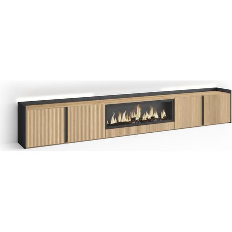 Skraut Home - TV-Schrank, Lowboard, für Wohnzimmer und Esszimmer, 315x50x35 cm, Für TV-Geräte bis zu 80", Elektrokamin XXL, Led, Moderner Stil, Eiche Schwarz (1/4)