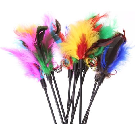 Jouet Coloré pour Chat - Bâton Interactif avec Plumes et Cloches - Lot de 5 Couleurs Aléatoires (1/5)