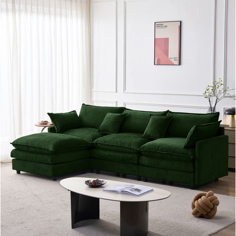 Divano angolare modulare 267x154x85 cm, 3 posti con pouf, cuscini sfoderabili, tessuto chenille verde (1/5)