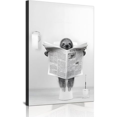 Art mural amusant au motif de journal - Tableau mural animal sur toilettes - Toile en noir et blanc - Décoration de salle de bain et chambre à coucher - Sans cadre - 40 x 60 cm (1/5)