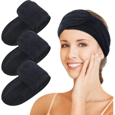 Microfibre Bandeau Cheveux Femme Maquillage，scratch cheveux Spa lavable pour Soin Visage,Réglable Headband avec Magic Tape Élastique pour le bain, démaquillage et sport noir lot de 3 (1/5)