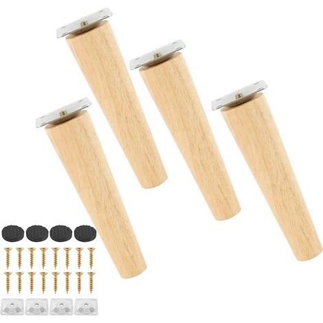Set of 4 Solid Wood Furniture Leg, Replacement Sofa Legs with Non-Slip Mat, Mounting Plate and Screws for Bed, Wardrobe, Drawer (15cm, Straight Legs) (1/4)