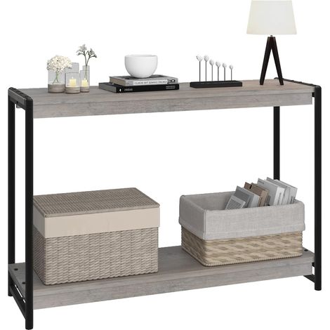 Console grise style ferme 101,6 cm 2 niveaux à lattes, table d’entrée et de canapé avec rangement (1/5)