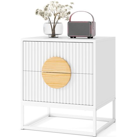 COSTWAY Fluted Nightstand End Table with 2 Drawers-White (1/5)