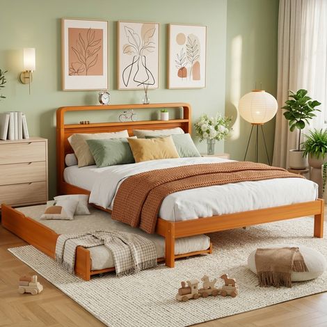 Lit gigogne 140x200 cm avec lit tiroir 90x190 cm,tête de lit arrondie,2 couchages,gain de place,bois finition naturelle (1/5)