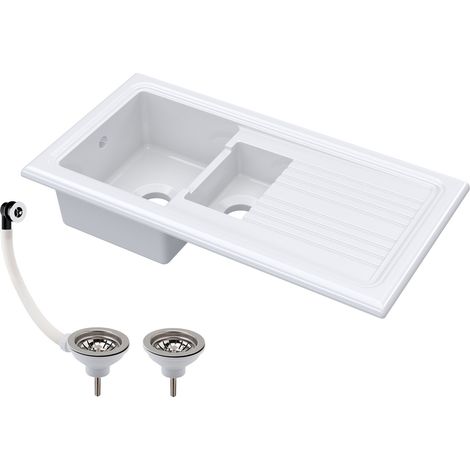 101cm 1.5 Bowl Fireclay Inset Kitchen Sink, Drainer & Compatible Wastes, White (1/5)