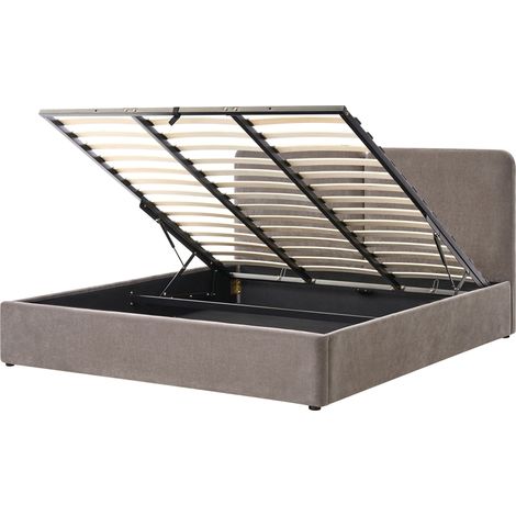 Ottoman Bed Taupe Chenille Upholstery EU Super King Size 6ft Elegant Headboard Lift-Up Slatted Base ARBOIS (1/5)