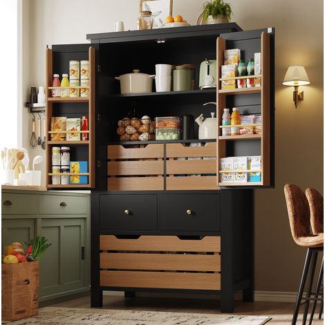 Aparador de cocina 80 x 40 x 140 cm con 2 puertas y 5 cajones negro HAVRYA (1/5)