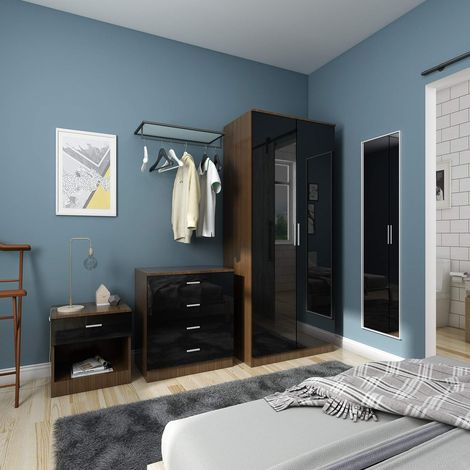 ELEGANT Modern High Gloss Wardrobe and Cabinet Furniture Set Bedroom 2 Doors Wardrobe and 4 Drawer Chest and Bedside Cabinet, Black/Walnut (1/5)