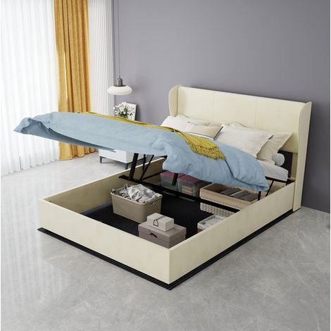 Cama moderna beige 140x200 cm de tela y metal, cabecero acolchado, sin somier (1/5)