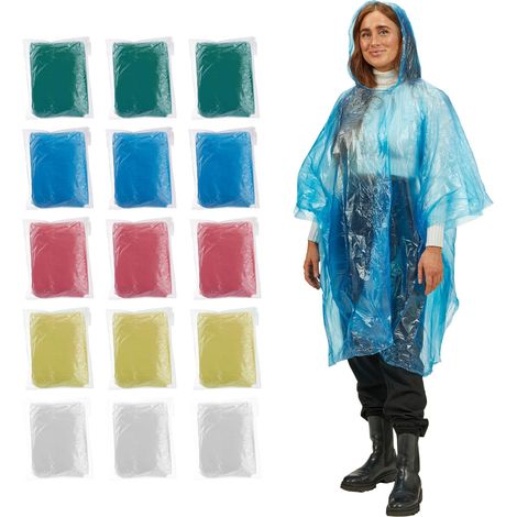 Relaxdays Regenponcho Einweg, 15er Set, Einmal Regencape mit Kapuze, 5 Farben, Notfallponcho für Damen & Herren, bunt (1/5)