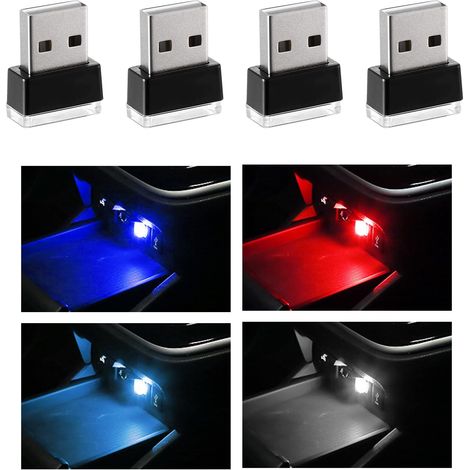 4er-Pack USB-LED-Auto-Innenraumbeleuchtung, Mini-LED-Nachtlicht, Kofferraum-Umgebungslicht-Set, universelles Auto-Innenraum-Zubehör (Blau + Rot + Eisblau + Weiß) (1/5)