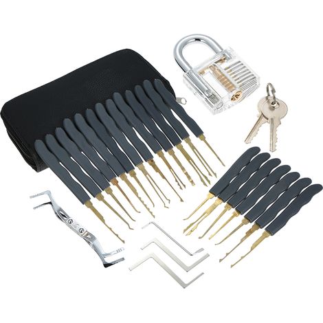 Kit d'outils de crochetage de 24 pièces avec cadenas d'entraînement transparent pour serruriers débutants et professionnels. (1/2)