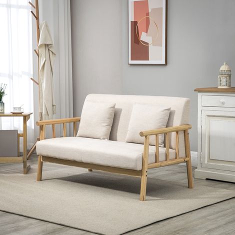 Sofá de 2 plazas, tapizado en tela con aspecto de lino, compacto, hasta 200 kg, estructura de madera, 123 cm de largo x 69 cm de ancho x 74 cm de alto, color beige.