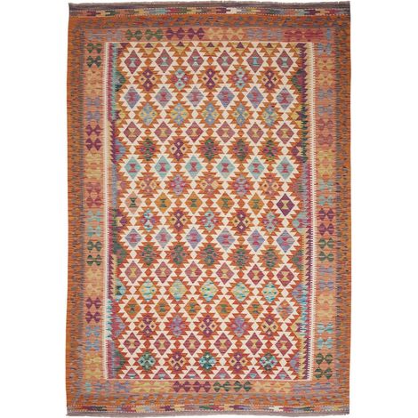 Tapis kilim 204 x 300 cm, motif géométrique, multicolore, orange et rouge, en laine naturelle, artisanal authentique (1/5)