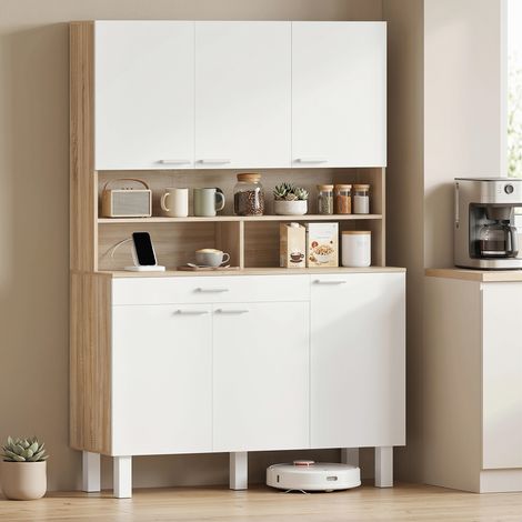 Buffet de cuisine haut, meuble de cuisine, 6 portes, tiroir et étagères ouvertes, 120 x 40 x 175 cm, bois blanc et naturel