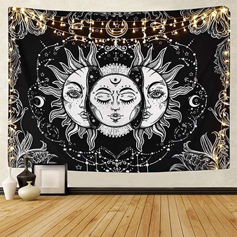 Tenture Murale Solaire et Lunaire Psychédélique Noire Céleste, Décoration Bohème Indienne Mandala, Tapisserie Murale pour Chambre (Soleil et Lune, 130x150cm) (1/5)