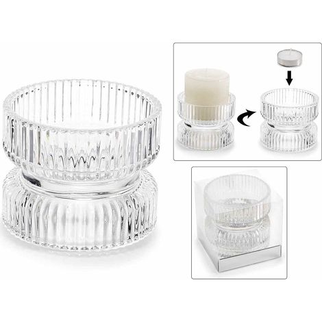Portacandela a clessidra doppio uso in vetro trasparente zigrinato in confezione regalo, set da 8 pezzi, Ø 9 cm x 6,5 H