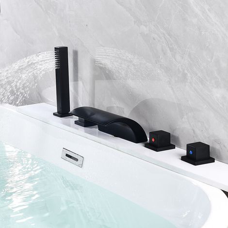 Senderpick – Robinetterie de baignoire 5 trous – Finition noir – Laiton massif – Technologie LED cascade – Compatible tuyaux 1/2'