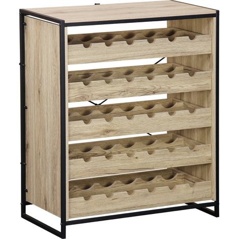 5-shelf wine rack with metal and wood-effect, Loft, Natural, 75x40x90 cm