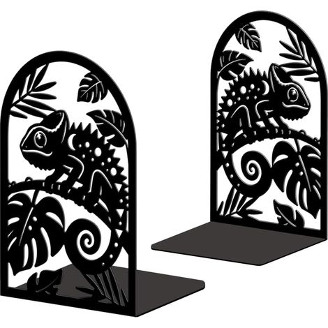 Lot de 2 Serre-Livres Métal Caméléon et Plantes Décoratif (1/5)