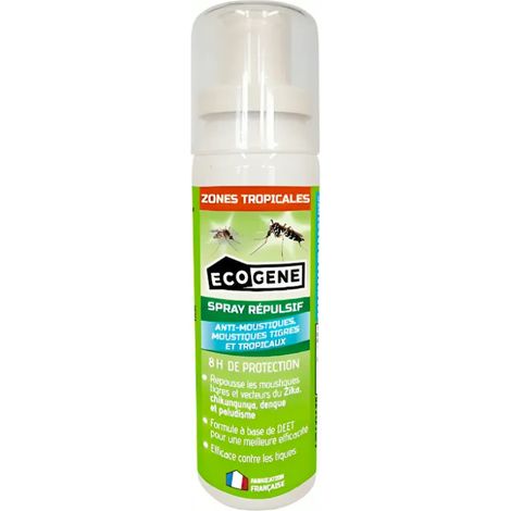Spray répulsif DEET anti-moustiques, dont tigres, zones tropicales 100 ml