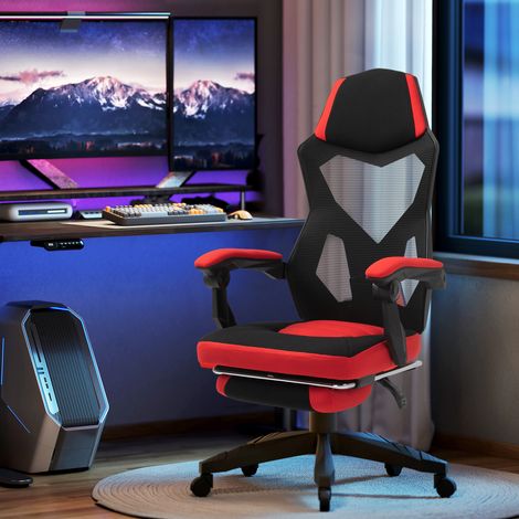 Chaise de bureau ergonomique. chaise gaming. chaise pivotante avec repose-pieds. chaise PC. chaise de direction. réglable en hauteur. polyester. noir et rouge. 58 x 63 x 112-122 cm