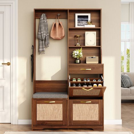 Modernluxe - Meuble d'entrée multifonction 100x30x170 cm avec banc, meuble à chaussures 3 abattants, tiroir, patères et portes en rotin, style bohème - Noyer (1/5)