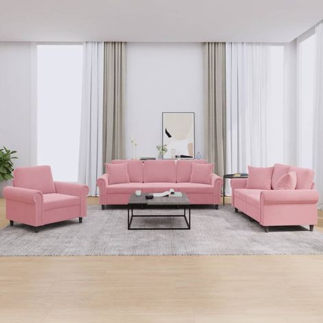 3-tlg. Sofagarnitur mit Kissen Rosa Samt
