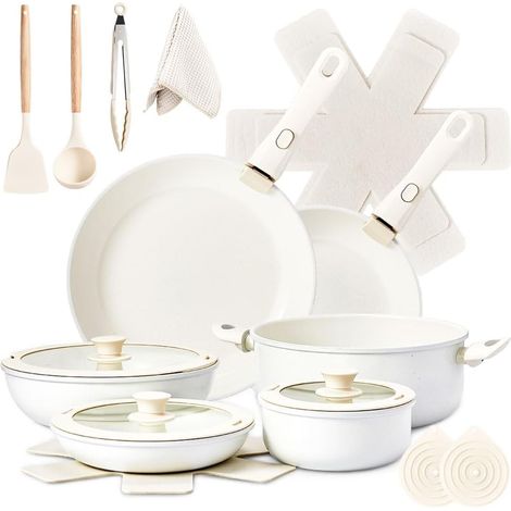 Batterie de Cuisine Induction，Casserole Induction，poele，Set de Casseroles et Poêles en Céramique Antiadhésif - 22 Pièces avec Poignées Détachables（blanc cassé）