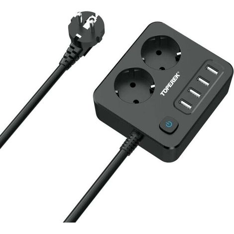 Multiprise 6 en 1 avec USB, Bloc Multiprise 2 Prises et 4 Ports USB (4000W), Prise Multi Parasurtenseur Parafoudre et Surtension avec Interrupteur, Noir (1/4)