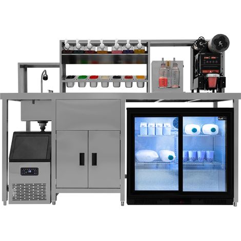 Postazione Professionale Bubble Tea Boba Completa con Banco Servizio, Frigo Scorrevole, Fabbricatore Ghiaccio, Shaker Elettrico, Sigillatrice Bicchieri, Lavello Acciaio Inox, Rubinetto, Glass Refreshe
