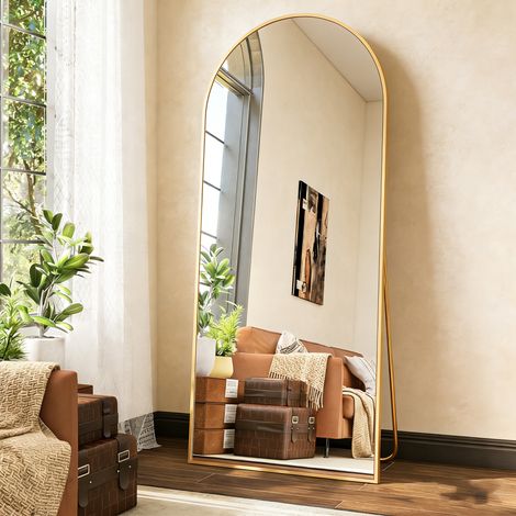 Miroir Complet arqué 177x77 cm, Miroirs sur Pied, Grand Miroirs de Sol Pleine Longueur, Miroir sur Pied bombé, Suspendu, pour Chambre Salon, Doré (1/5)