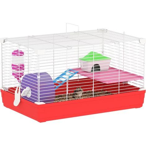 Cage pour hamster avec plateforme, maisonnette, mangeoire, biberon et roue d'exercice, 47 x 30 x 27 cm, blanche et rouge (1/5)