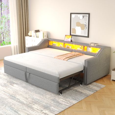 Polsterbett ausziehbar 90x200 auf 180x200 cm, Schlafsofa mit Staufach, LED-Beleuchtung & USB-Anschluss, Gästebett aus Leinenstoff Hellgrau (1/5)