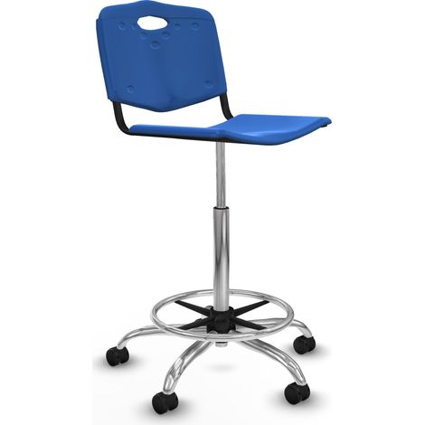 Taburete Robledo giratorio plástico azul sin brazos base cromada ruedas engomadas 50mm