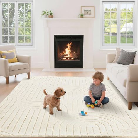 Tapis Salon Chambre Effet 3D, 120X170CM, Moelleux Poils Courts, Beige (1/5)