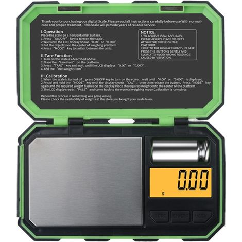 Balance numérique de poche, Balance à Grammes 200g/0.01g, 6 unités de conversion Balance intelligente avec fonction de calibrage et de tare, Affichage LCD,Vert (1/5)