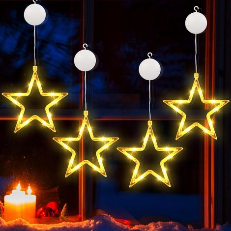 Fenster Weihnachtsbeleuchtung, 4 Stück 10 LED Fensterdeko Sterne Lichterkette Innen Batteriebetriebene Timer mit Saugnäpfe Weihnachtsstern Lichter für Zimmer Garten Tür Aussen Party, Warmweiß