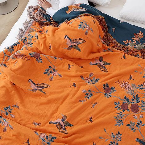 Large Bohemian Throw - 100% Coton Biologique tissé à la Main pour Le lit et Le canapé, Accent Boho Confortable pour Les canapés 2-3 Places et Les fauteuils - 200x230cm,Orange Bird (1/5)