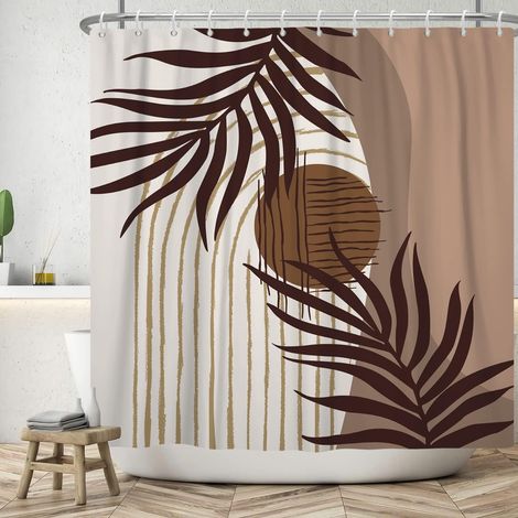 152x183cm Rideau de Douche végétal Abstrait avec Crochet, Aquarelle Feuille de Palmier Marron Rideau de Salle de Bain Soleil Abstrait Rideaux de Douche Modernes du Milieu du siècle (1/5)