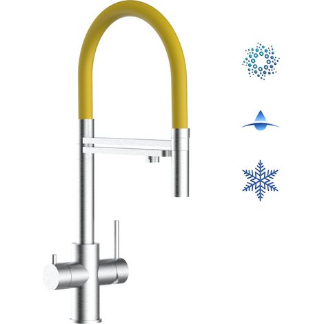 Rubinetto 5 vie miscelatore lavello cucina in Acciaio INOX Spazzolato - canna gialla movibile e doccia 2 getti staccabile - ACCIAIO CHIRURGICO AISI 316 (1/5)