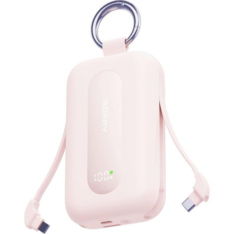 Chargeur Portable, 20 000 mAh PD 30 W, 4 en 1, câbles intégrés, Batterie à Charge Rapide avec Porte-clés, Essentiels de Voyage pour iPhone 17/16/15, iPad Air/Pro, Rose (1/5)