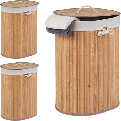 3x Bamboo Laundry Basket, 30 L Capacity, Dirty Clothing Bin, Bathroom & Bedroom, Foldable, Half-Round, Natural Brown