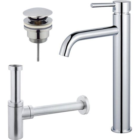 Fortifura Calvi Kit mitigeur lavabo - robinet rehaussé - bonde clic clac - siphon design - Chrome brillant