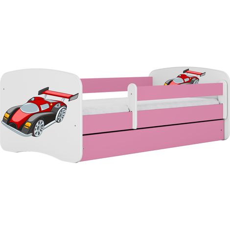 Lit enfant et adolescent 70 x 140 cm avec tiroir et barrière amovible rose, motif voiture de course (1/5)