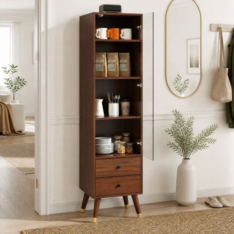 Moderne hohe MDF-Vitrine in Nussbaumoptik mit Glastür und 2 Schubladen (1/5)