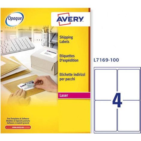 Avery Etiquetas Adhesivas L7169 para Direcciones 99,1 x 139 mm Blancas Permanentes 4 Et/Hoja 100 Hojas 400 Etiquetas