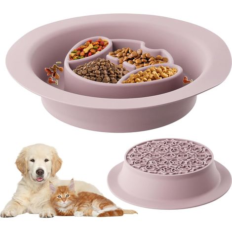 Gamelle Anti Glouton Chat Chien, Bol Alimentation Lent en Silicone, Tapis à Lécher, Gamelle Anti-Glouton Non Toxique pour Chats et Chiens de Taille Petits Moyen, Facile à Nettoyer (Rose) (1/4)