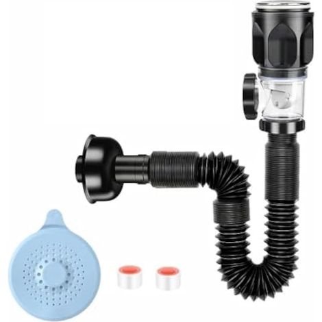 Kit de vidange pour évier de cuisine, bonde pliable universelle, tuyau de vidange flexible anti-fuite avec filtre anti-obstruction pour éviers de salle de bain et de cuisine (noir) (1/5)